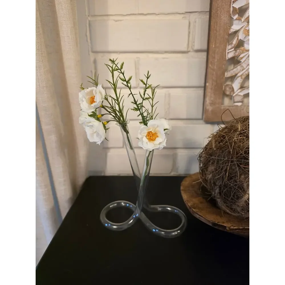 VTG 1980s Clear Glass Loop-Base Bud Vase Nostalgia Minimalist Retro Decor EUC